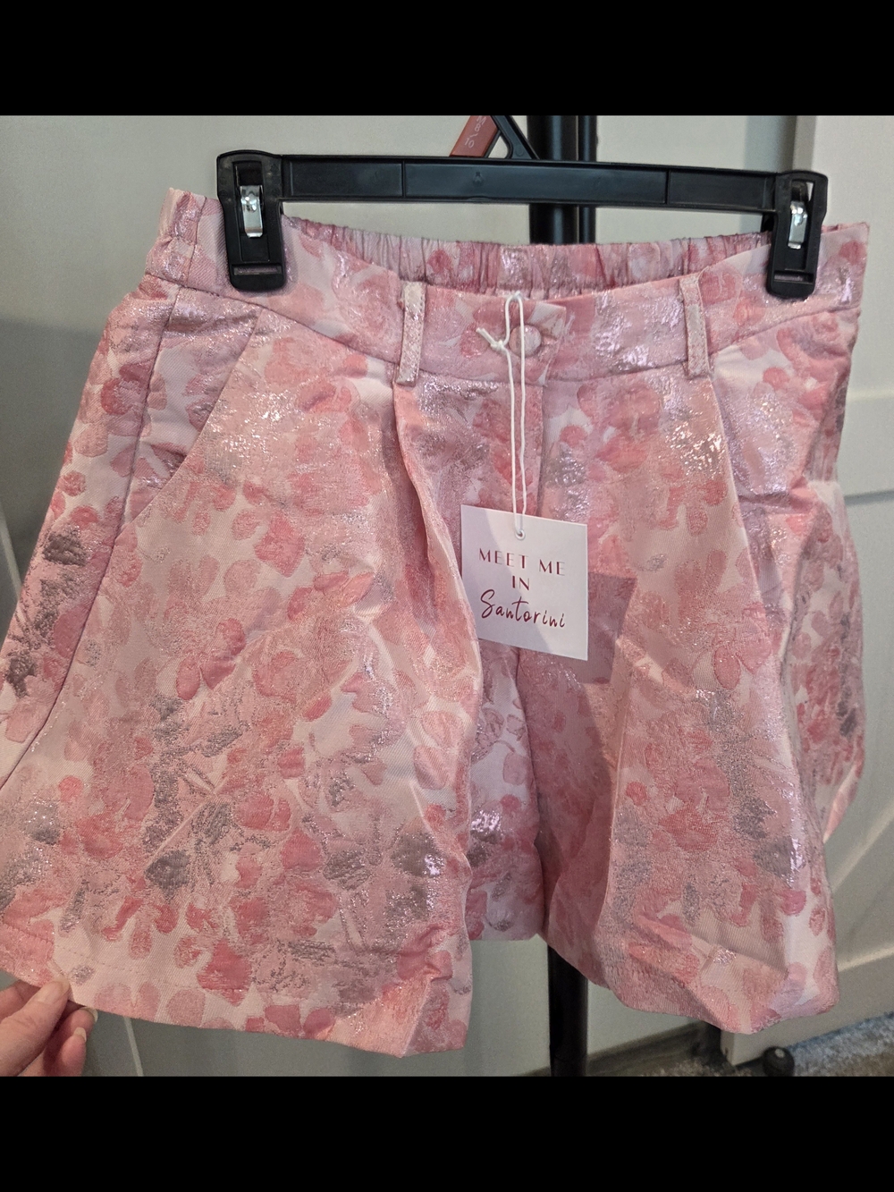 Meet Me in Santorini Pink Floral Metallic Bermuda Shorts